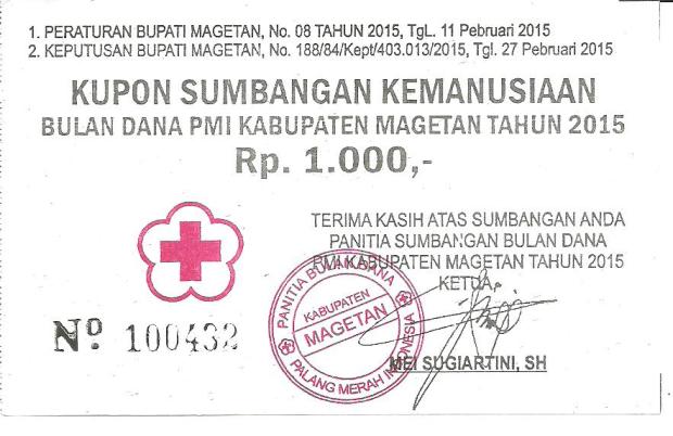 Karcis Sumbangan Kemanusiaan Bulan Dana PMI Kabupaten Magetan (2015)